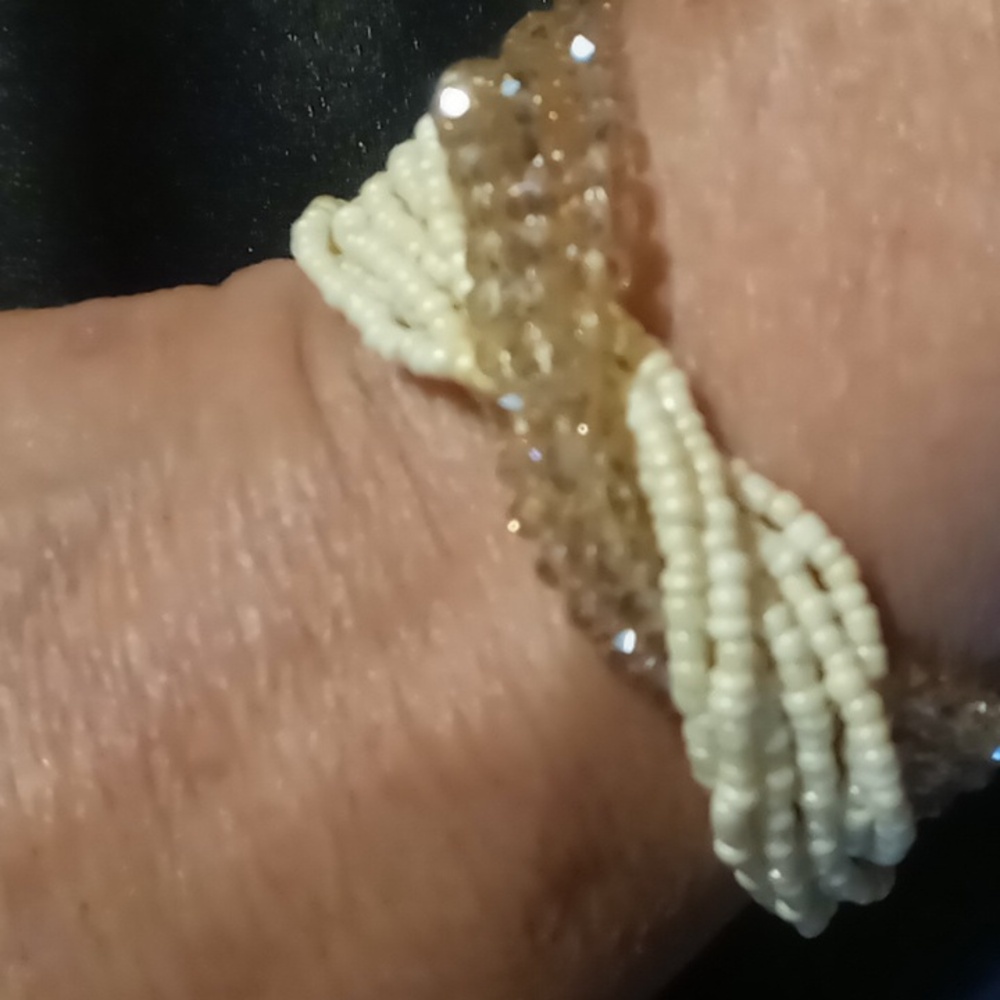 Elegant Beaded - Cream and Opalescent Crystal Cut Layered Bracelet